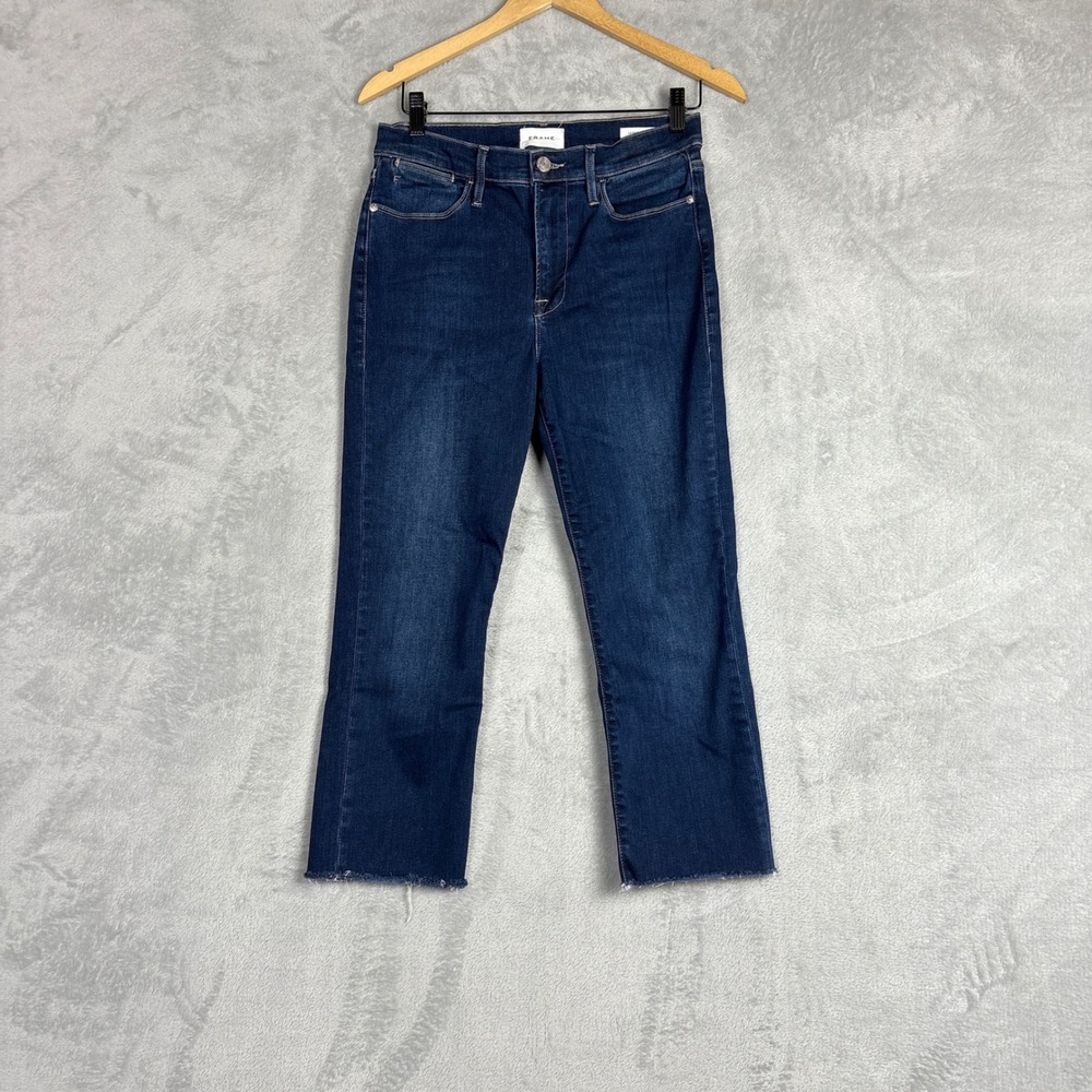 Frame Le High Straight Jeans Dark Wash Raw Hem Size 30 Crop Classic